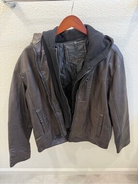 Calvin Klein Brown Leather Bomber Jacket with Black Quilted Hooded Liner